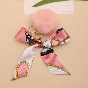 Pink and White Bow Keychain with Pom Pom